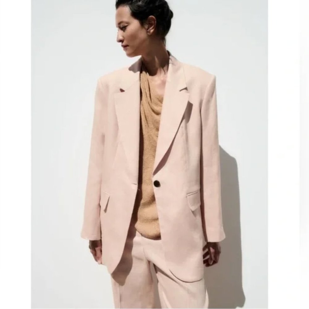 NWT Zara suit 100% linen straight cut blazer + straight leg pants beige-pink - Picture 12 of 12